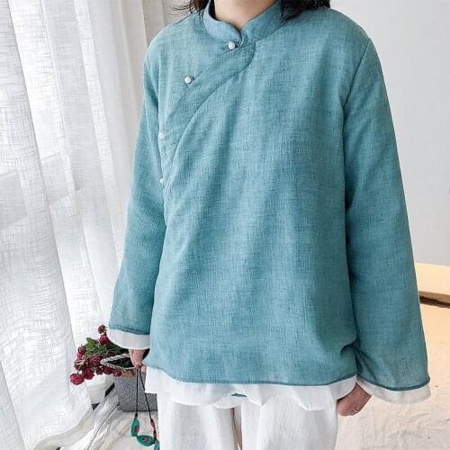 QPFJQD Ladies Cotton Clip Chinese Style Long Sleeved Shirts Stand Collar Women Autumn Winter Solid Color Retro Blouses And Tops