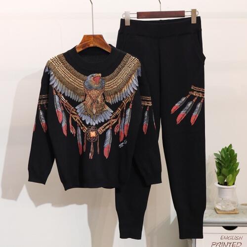 Autumn New 2 Piece Set Women Eagle Embroidery Knitted Sweaters Winter Clothes Two Piece Set Tops Pants Casual Ladies Tracksuits