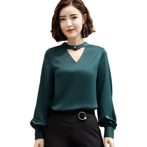 Imitation Silk Women Spring Autumn Casual Blouses Shirts Lady Casual Long Sleeve Red Green O-Neck Blusas Tops DD2267