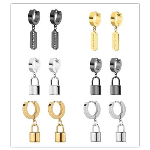 1pair Fashion Punk Stainless Steel Lock/Razor Blade Earrings Padlock Pendant Hip Hop Style Dangle Loop Drop Earring Jewelry Gift