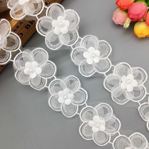2 Yard Vintage Plum Blossom Flower Pearl Lace Trim Applique Trimmings Ribbon Tulle Embroidered Wedding Dress Veil Sewing Craft