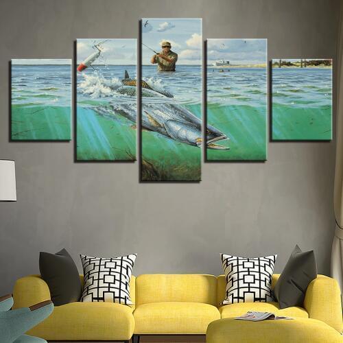 5 Panel HD Print Fishing in the sea wall Art posters Print On Canvas Art Painting Modular Wallpaper For home living room decor