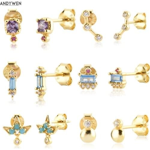 ANDYWEN 925 Sterling Silver Gold Pendiente Baguette Piedras Plata Recubierta Piercing Stud Earring For Women Wedding Party Jewel