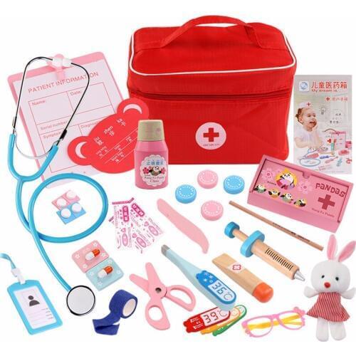 Wooden Doctor Pretend Play Toys Set Kids Dentist Medicine Box Role Playing Medical Suitcase Educational Toy Nurse Kit Girls Gift