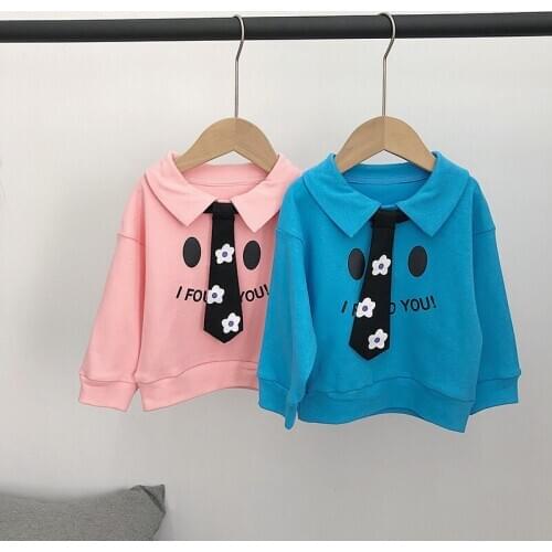 Boys' College Wind Baby T Shirt 2021 Spring and Autumn Style Childrens Smiley Face Lapel T Shirt Top with Tie Kids Pullovers
