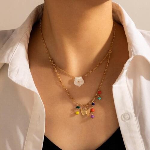 Docona Bohemian Butterfly Flowers Pendant Necklaces for Women Colorful Bead Tassel Alloy Necklaces Jewelry Accessories 13729