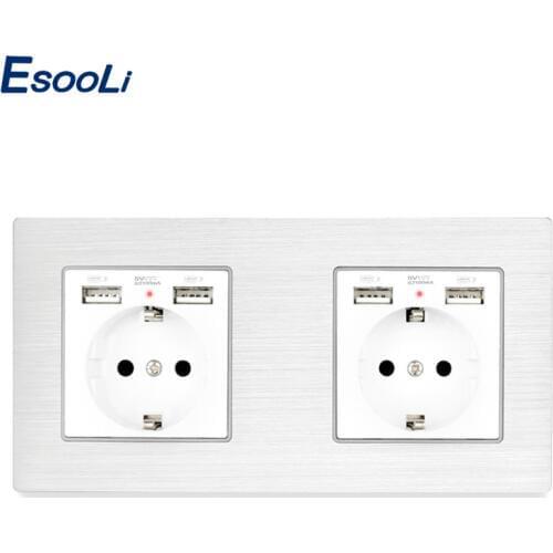 Esooli 2 Gang Russia Spain EU Standard Wall Socket With 4 USB Charge Port Hidden Soft LED Indicator Aluminum Metal Panel
