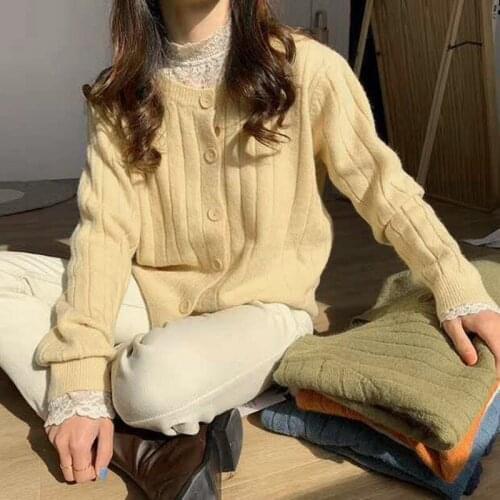 Vertical knitting cardigan short sweater autumn winter new pure color coat women loose sweet fresh gentle wind