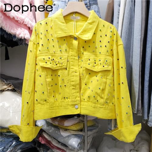 Fashion Streetwear Jean Jacket Women Denim Jackets 2021 Spring Autumn Light Color Rhinestone Loose Casual Coats Crop Top Clothes