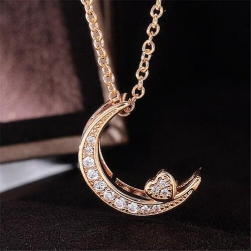 Fashion Womens Heart-Shaped Moon Crystal Necklace Gold And Silver Color Pendant Necklace Valentines Day Female Jewelry