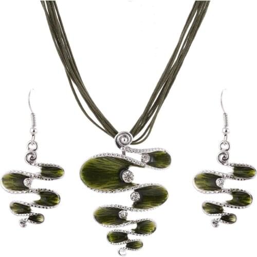 Classic Fashion Snake Twisted Necklaces & Earrings Set Green Layers Cord Chain Enamel Jewelry Set Wholesale