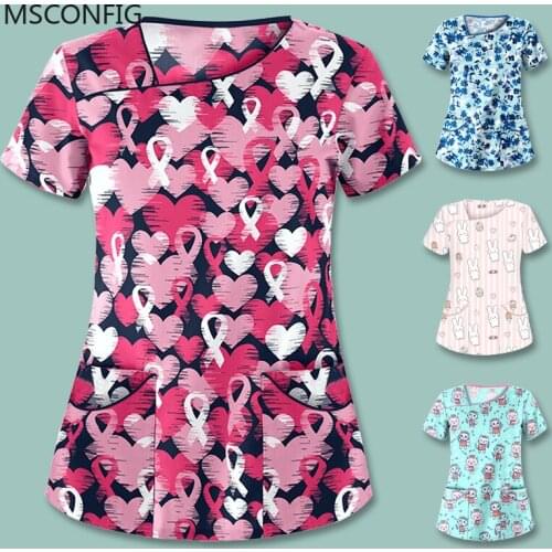 New Cute Cartoon Print Female Nursing Frosted Top T-shirt Casual Short-sleeved Frosted Uniform Nurse V-neck Pocket Clothes