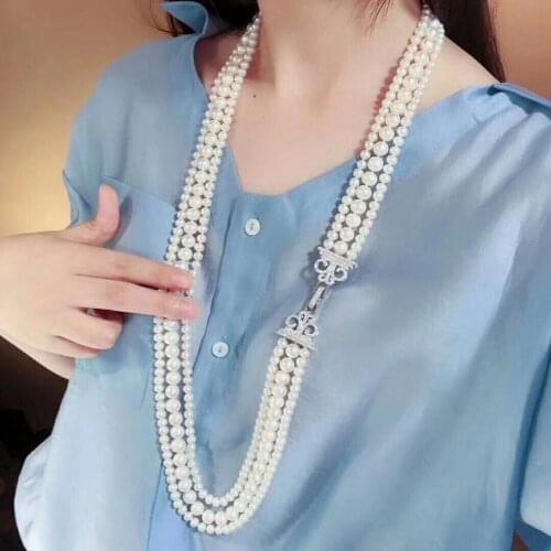 Three rows 7-10mm south sea round white pearl necklace 22"23"24" KKK