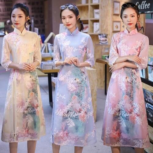 3/4 Sleeve Cheongsam New Young Girly and Fashion Aodai Improved Ethnic Print Dress dresses women