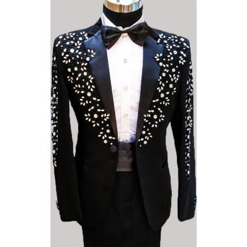 Luxury mens embroidery crystal beading rhinestone black /white tuxedosuit/stage performance