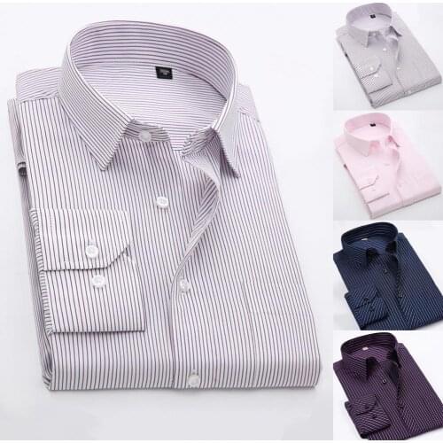 2021 New Formal Shirt Mens Business Casual Long Sleeved Shirt Classic Striped Male Social Dress Shirts Purple Blue Streetwear