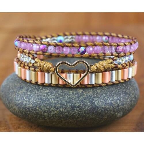 Heart Shape Wrap Bracelet W/ Stones Natural Tourmaline Crystal Weaving Statement Vegan Bracelet Bestfriend Sister Gifts