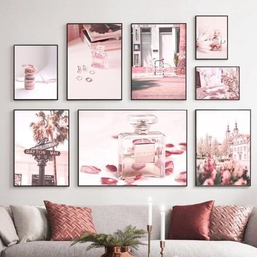 Modern Fashion Pink Art Picture Canvas Painting Nordic City Scenery Flower Wall Art Poster and Print for Home Living Room Decor