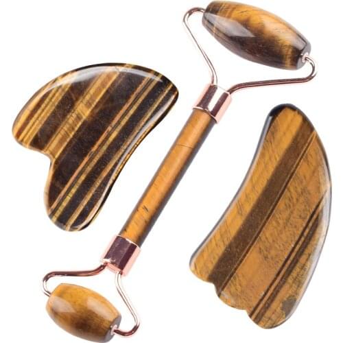 Face Care Massage Roller Gua Sha Tool Set Natural Tiger Eye Crystal Mineral Stone Neck Body Massager Health Skin Product Scraper