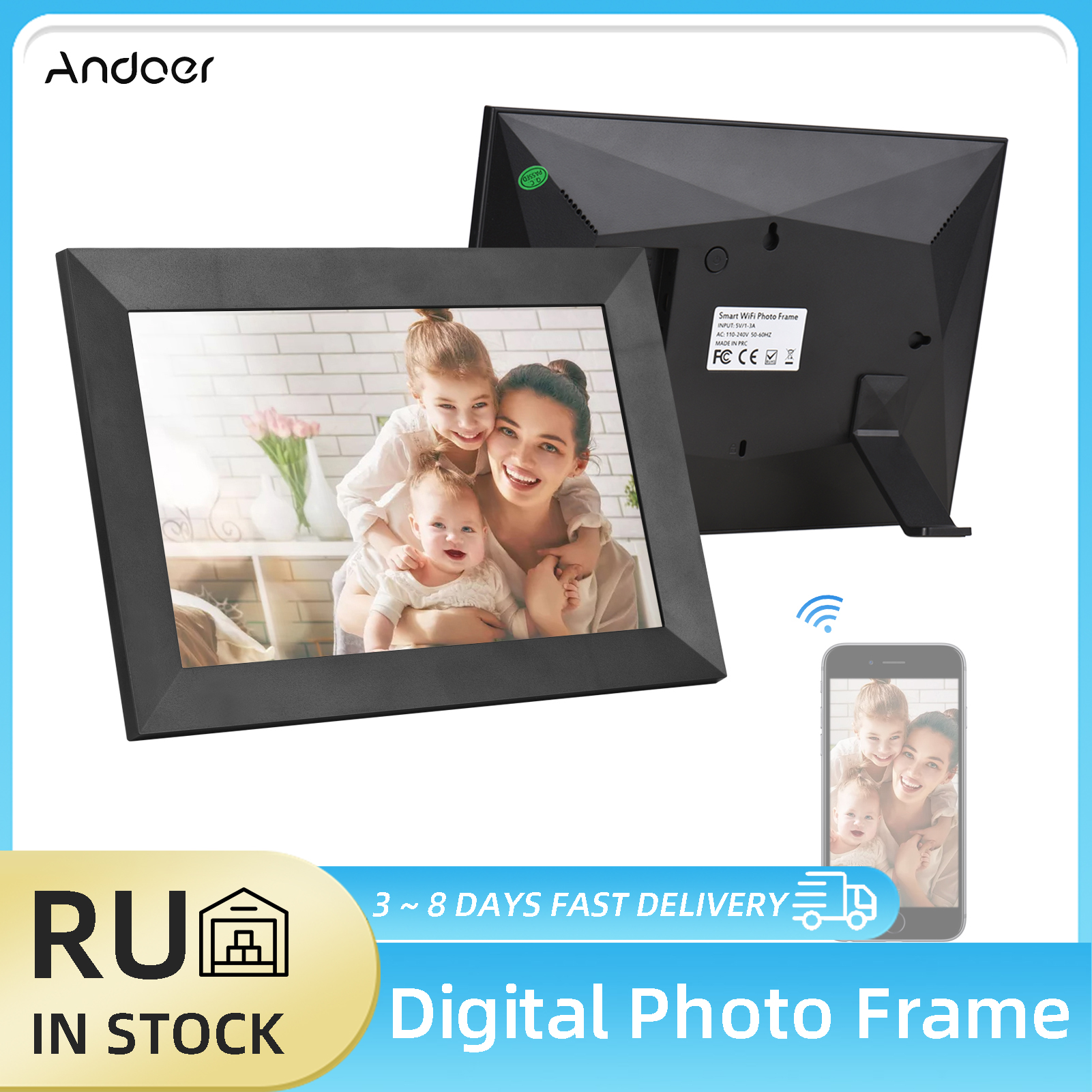 Andoer 10.1" Digital Picture Frame Smart WiFi Photo Frame HD IPS Touch-screen 1280*800 Photo 1080P Video 16GB Storage Supports