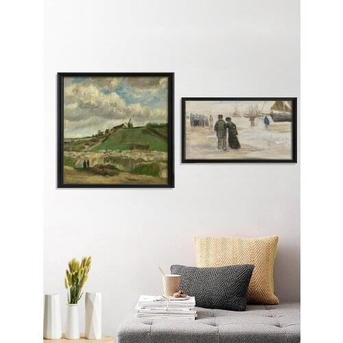 Van Gogh Deux crows Le Train Bleu Frères twilight under garden of Het strand van Scheveningen Poster Gift Art Silk Wall Stiker