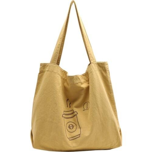 Large Capacity Women Canvas Shoulder Bag Big Tote Korean Style Female Simple Handbag Print Shopping Bags Yellow Blue 2020 New