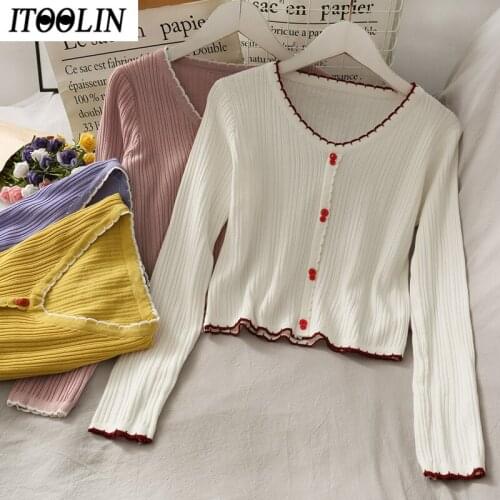 ITOOLIN Womens Autumn Purple T-shirt 2021 Button slim fit knit Tops striped Cute Woman long sleeve Sweet tops Basic Tshirt