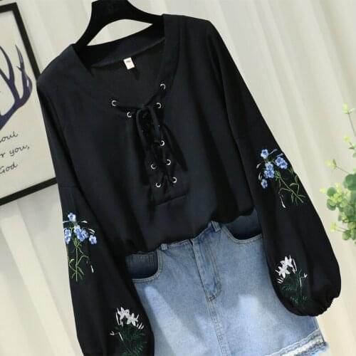 Black Flower Embroidery Chiffon Women Blouse 2021 Summer New Lantern Sleeved V-Neck Bandage Loose Black Pulls Tops Outwear
