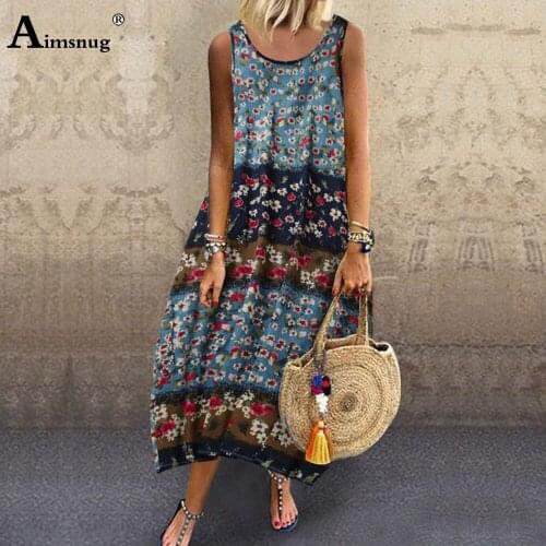 Plus size 5xl Ladies Elegant Long Dress Sleevelesss Boho Flower Print Linen Dresses 2020 Summer Women Vintage Lantern Maxi Dress