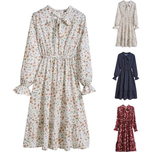 Women Bowknot Nack Bottoming Dress Slim Long-sleeved Elastic Waist Mid-length Floral Dress Spring Autumn Elegant Ladies Dresses