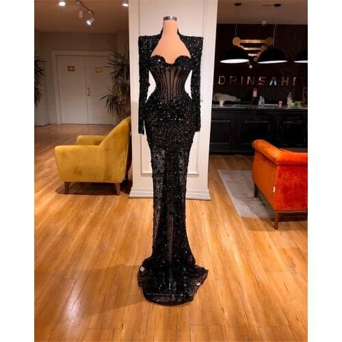 New Arrival 2021 Long Sleeve Black Mermaid Evening Dresses Gowns For Woman Night Wear Party Abendkleider Robe De Soirée