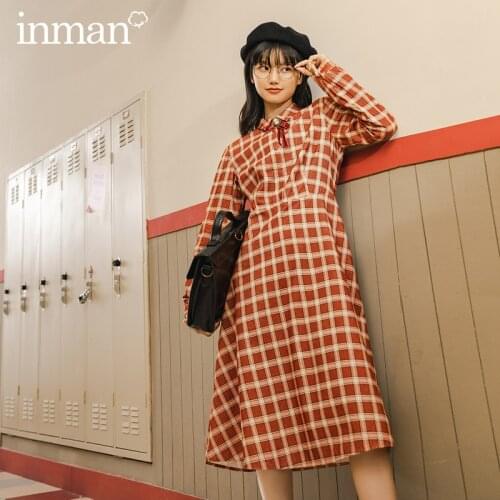 INMAN Autumn Winter Plaid Dress Temperament Rretro Long-sleeved Waist-controlled Bowknot Cotton Dress