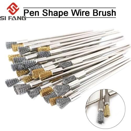 10pcs Professional Stainless Steel Wire End Brush Brass Pen Shape 6mm Extension Rod 1/8"Shank for Jewelry Polishing Rotary Tool