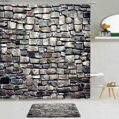 2Pcs Vintage Stone Wall Shower Curtain Graffiti Painted Pattern Polyester Fabric Non-Slip Bath Mat Bathroom Curtains Set Decor