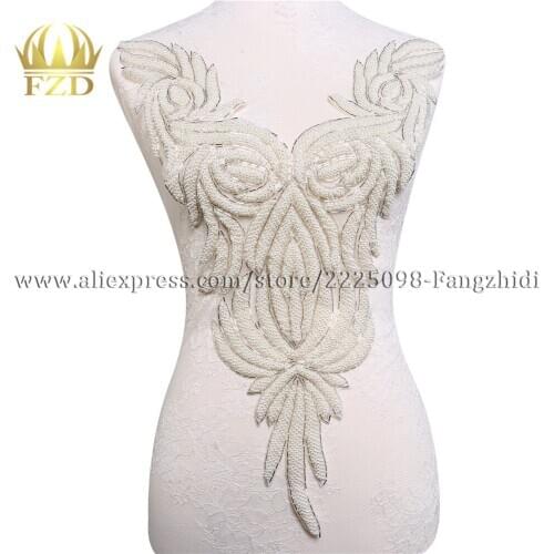 5Pieces)Handmade Sewing Rhinestone Pearls Beads Patches Waist Large Rhinestone Appliques for Wedding Dress Evening Gown