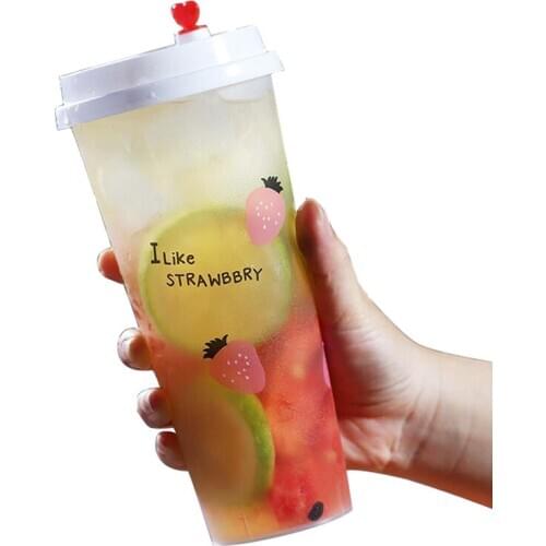 50pcs Creative frosted transparent strawberry lemon fruit cup 500ml party favor thick disposable plastic cups with love lid
