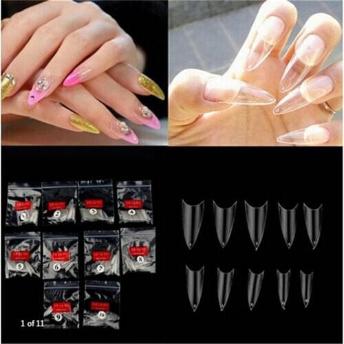 500Pcs/Pack False Nails Natural/Clear Stiletto Sharp French Artificial Nails Fake Nails Full Cover Tips Design Salon Nail Art