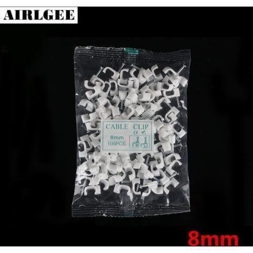 White 8mm Square Path Cable Clip PE Plastic High Carbon Steel Nails C Shaped Electric Cable clips Wire Wall holder 100pcs/pack