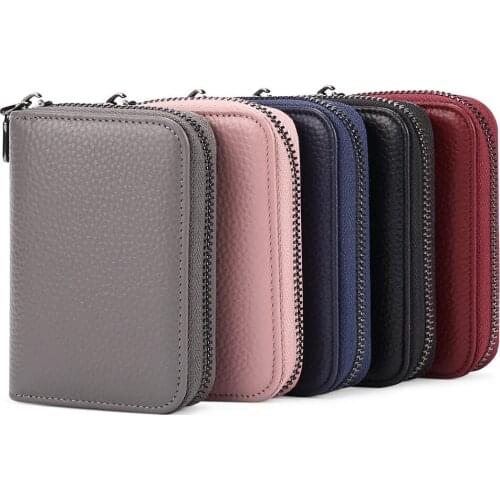 Genuine Leather ID Card Holder Fashion Candy Color Thick Zipper Card Wallet Business Bank Credit Card bag