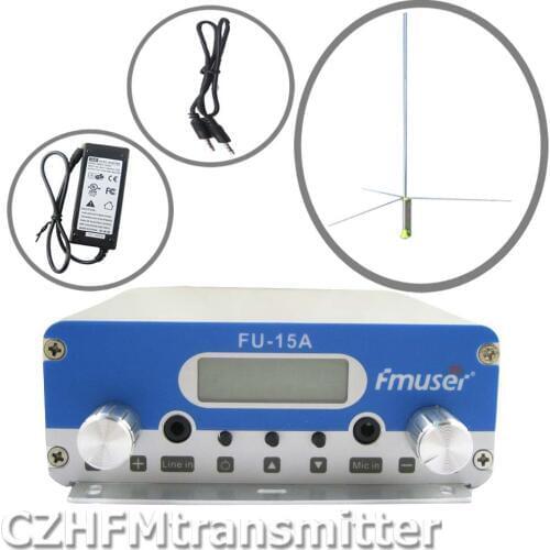 FMUSER FU-15A V1.0 FM stereo PLL broadcast transmitter+1/2wave gp antenna+power adapter+ audio cable 87.5-108MHZ FU-15Amain