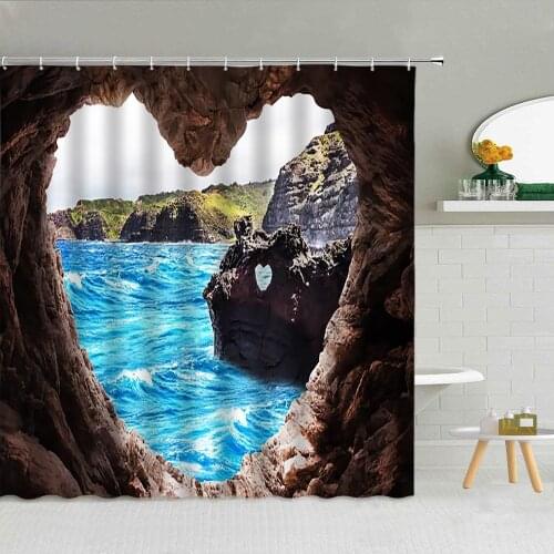 Blue Sky Sea View 3D Heart-Shaped Cave House Seagull Coconut Tree Shower Curtain Bathroom Supplies Fabric High Quality With Hook