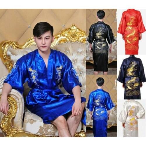 Wholesale Free Shipping New Chinese Mens Womens Satin Silk Robe Embroidery Kimono Bath Gown Dragon Size M L XL XXL XXXL