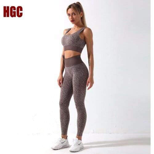 HGC Seamless Suit Fitness Leopard Sexy Yoga Set 2 Piece Sport Leggings Top Push-up Bra High Waist Gym Workout Running Sportwear