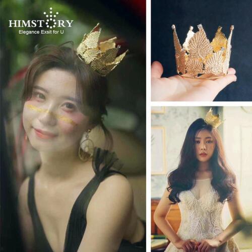 Himstory Baroque Vintage Gold Rhinestone Round Crown Mini Gold Leaf Bride Wedding Birthday Party Evening Hair Accessories