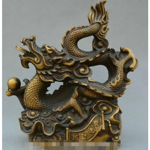 China old Bronze hand carve Dragon yuanbao bring in wealth and treasure Statue