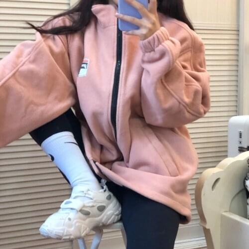 Women Fleece Jacket BF Style Zip-up Oversize Woman Hoodies Spring Loose Sweatshirt Causal Streetwear Kpop Turn-down Collar Coat
