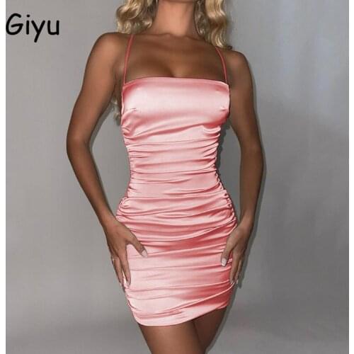 Giyu Summer Backless Satin Dress Women 2021 Club Party Glitter Diamonds Vestidos Sexy Bodycon Slash Neck Ruched Mini Dresses