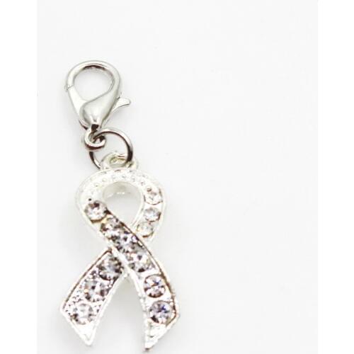 Hot Selling 10pcs/lot Cancer Ribbon White Crystal Dangle Charms Lobster Clasp DIY Bracelet Necklace Pendants Jewelry Hanging
