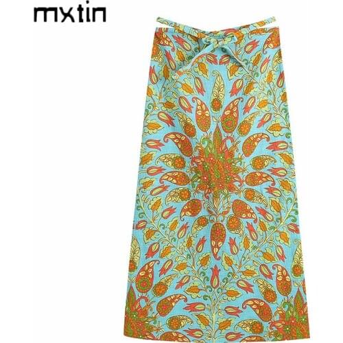 MXTIN 2021 Women Summer Vintage Floral Print Midi Skirt Fashion Bow Tie Sashes Chic Streetwear Ladies Skirts Casual Vestidos