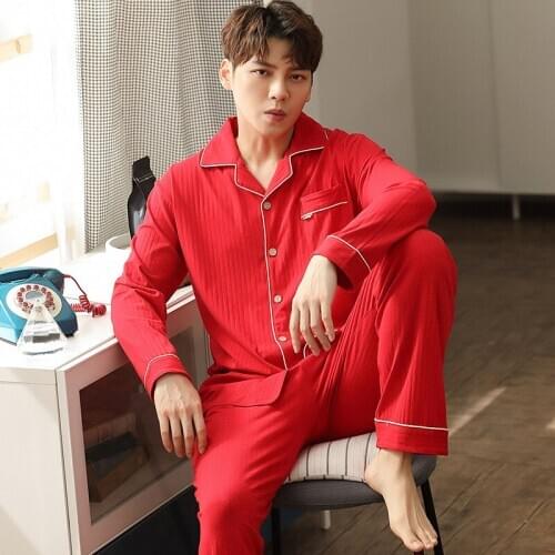 Oversize 3XL New Spring Autumn Male Pajamas Suits 2PCs Long Sleeves Men Pure Color Homewear Winter Cotton Warm Comfort Sleepwear